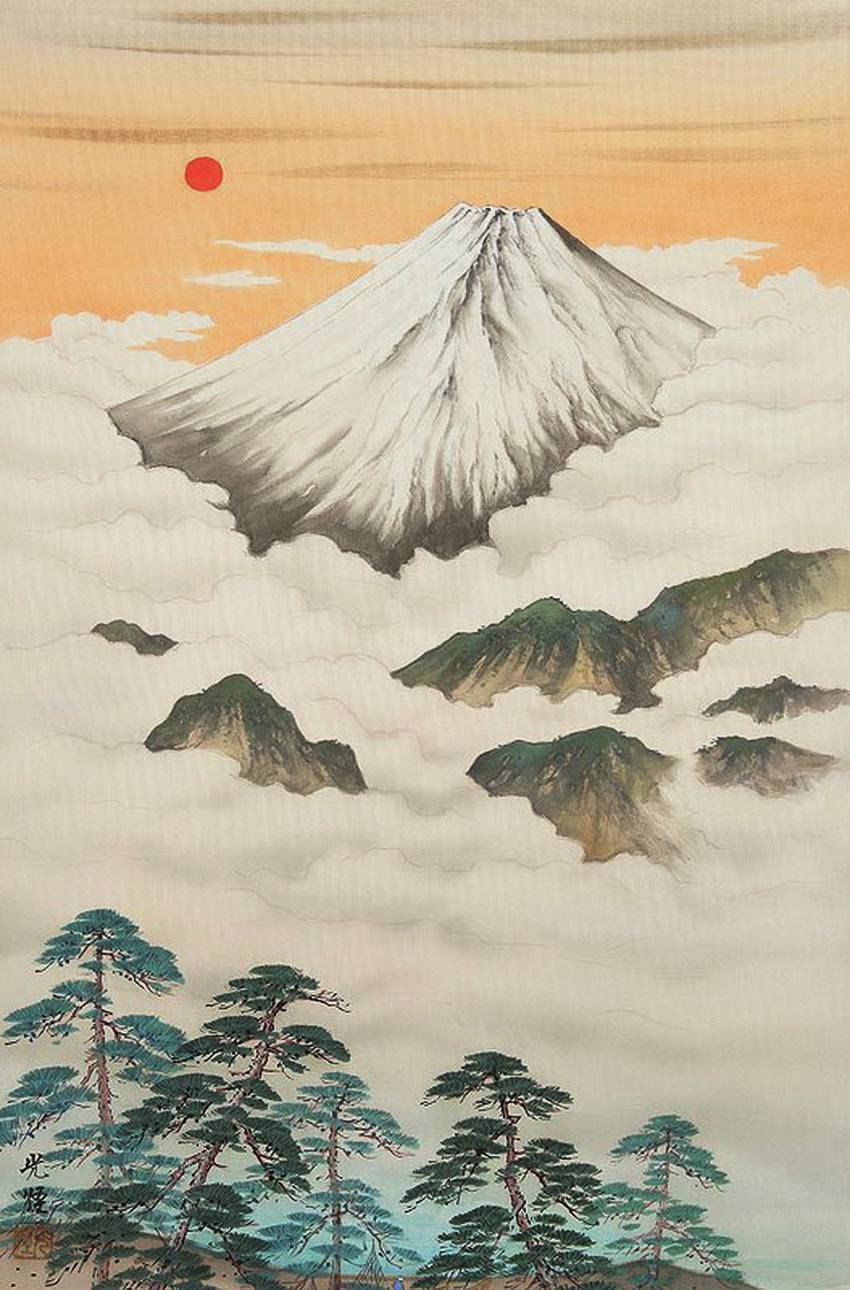 Японские облака. Китайская живопись гора Фудзи. Гора Фудзияма гравюра. Коукей Кодзима. Японская живопись горы.